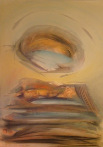 Poranek bibliofila. Tempera, pastel, 70 x 50 cm, 2014 r.